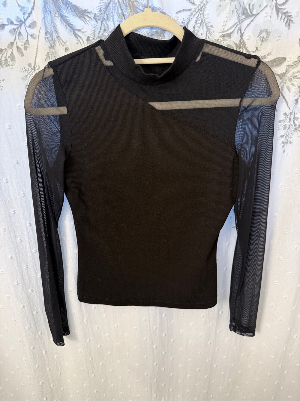 Black Sheer-Sleeve Mock Neck Long Sleeve Top